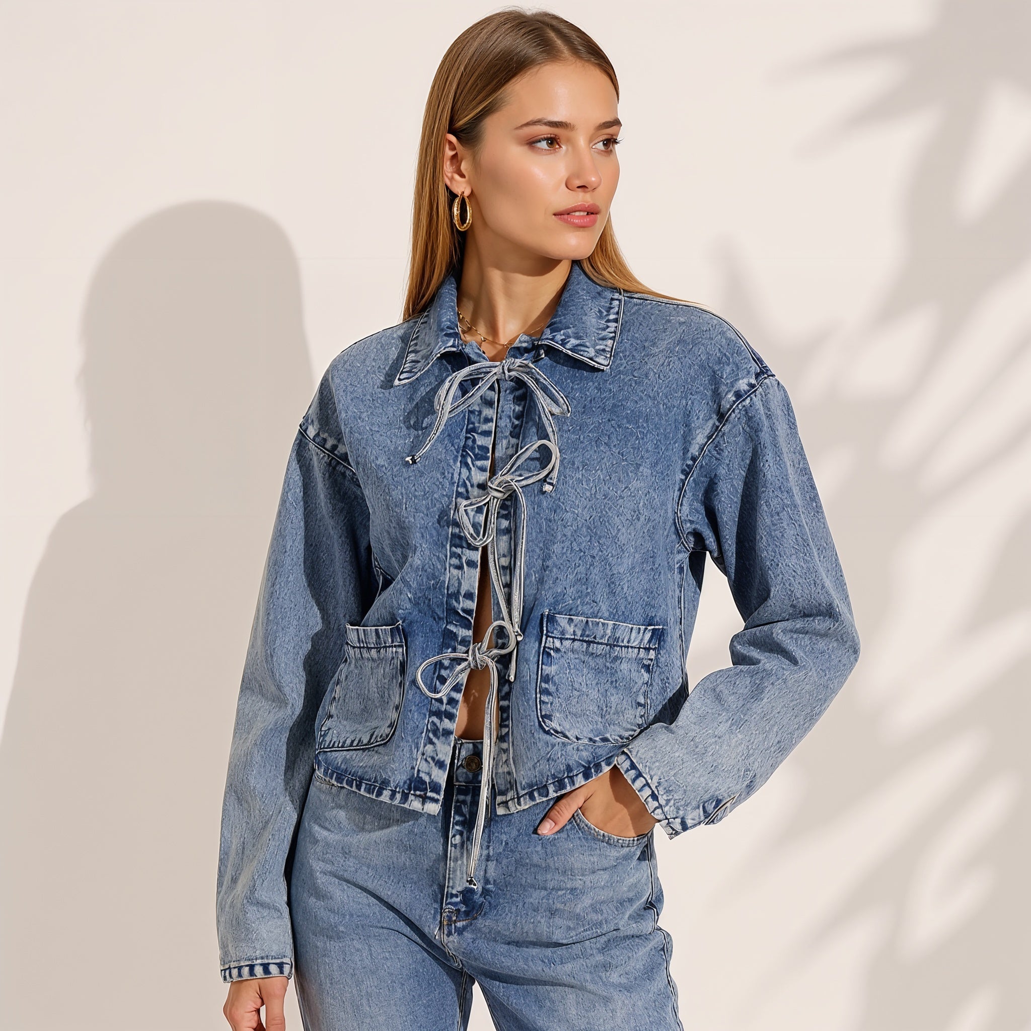 ELENA SOFIA LACE-TIE DENIM VEST